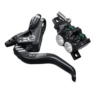 Black hydraulic brake lever and caliper with silver pistons for an electric motorcycle brake system.