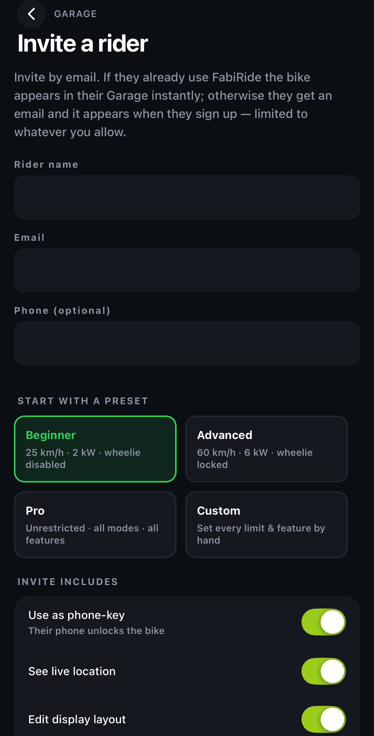 Invite a rider with limits