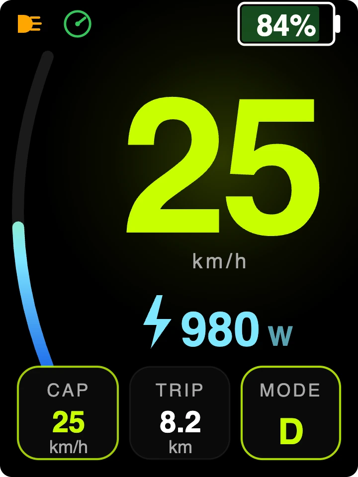 FabiRide Dash Pro — holding a steady 25 kilometres per hour
