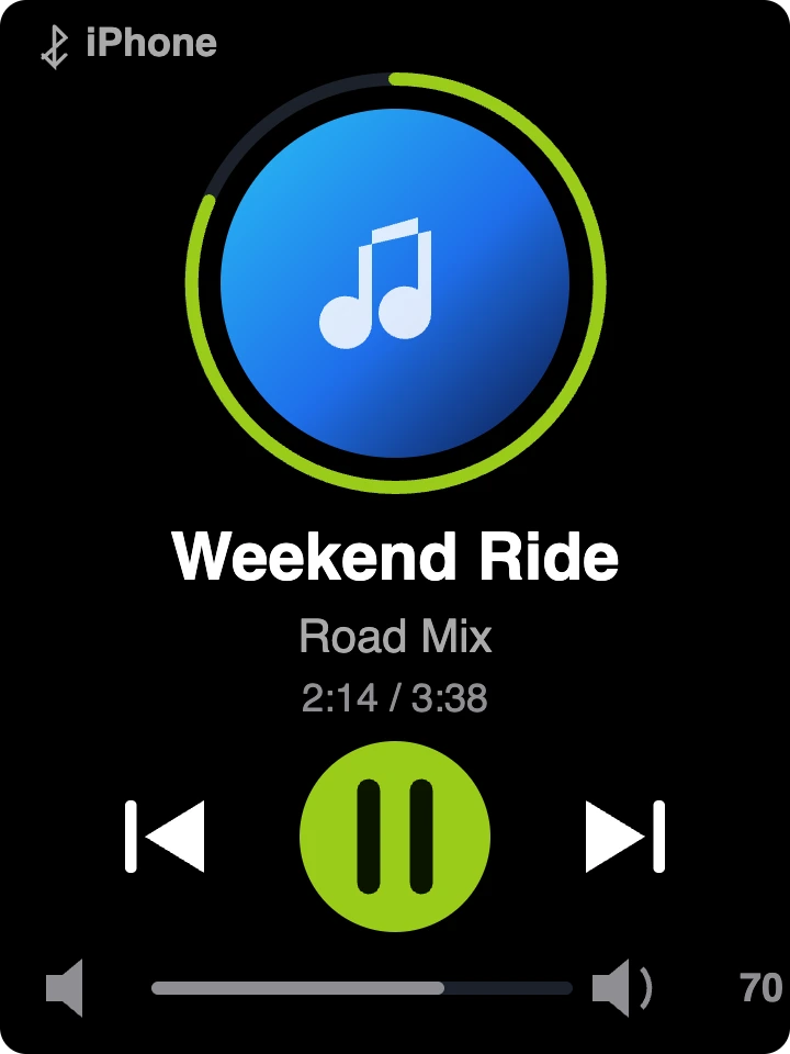 FabiRide Dash Pro — music page with circular cover art, progress ring and playback controls