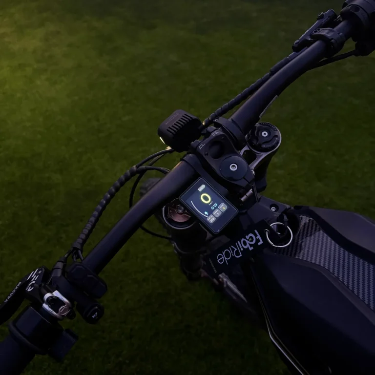 Dash Pro display lit up on the handlebar of an electric bike at dusk