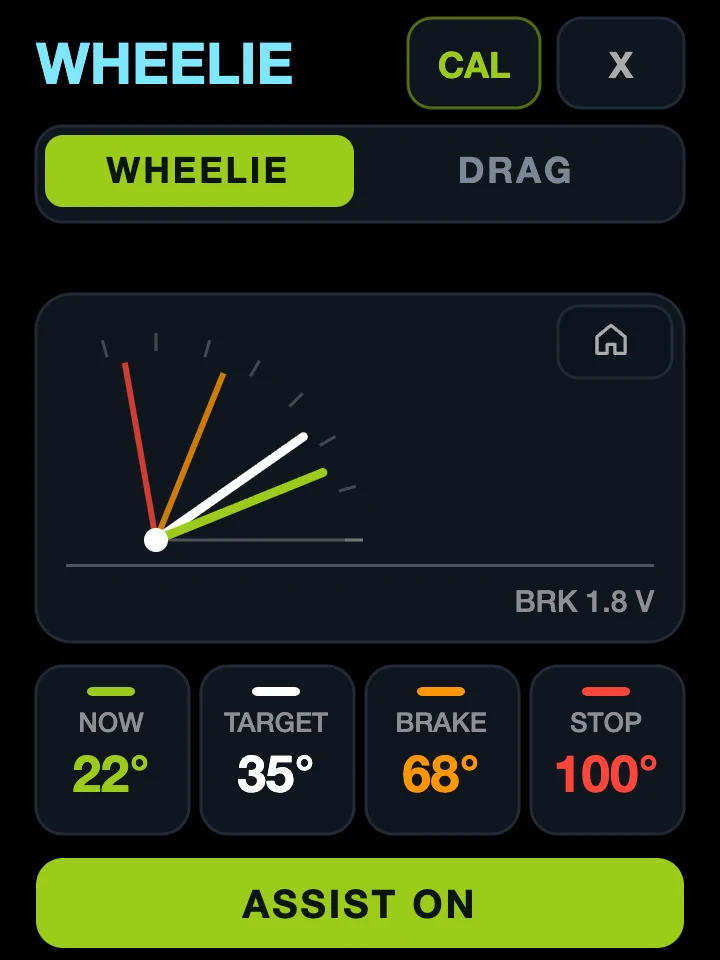 Dash Pro wheelie derinimo ekranas