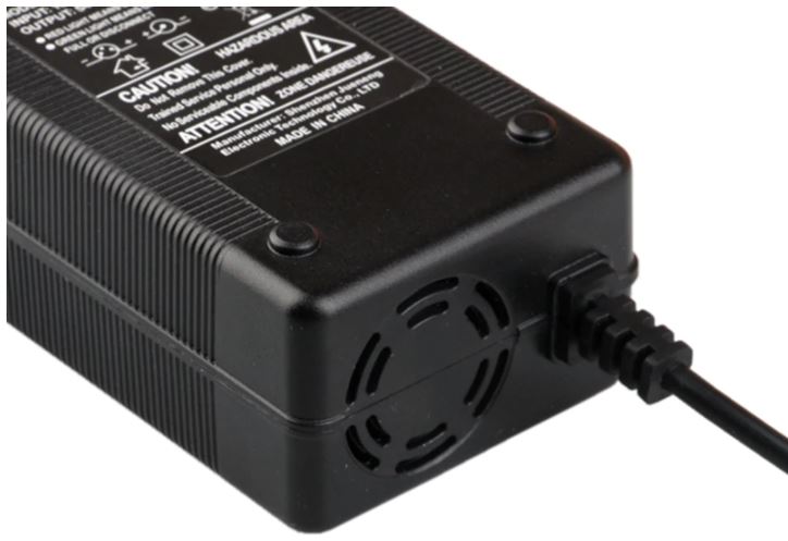 52V charger housing with cooling fan vents and LED indicator