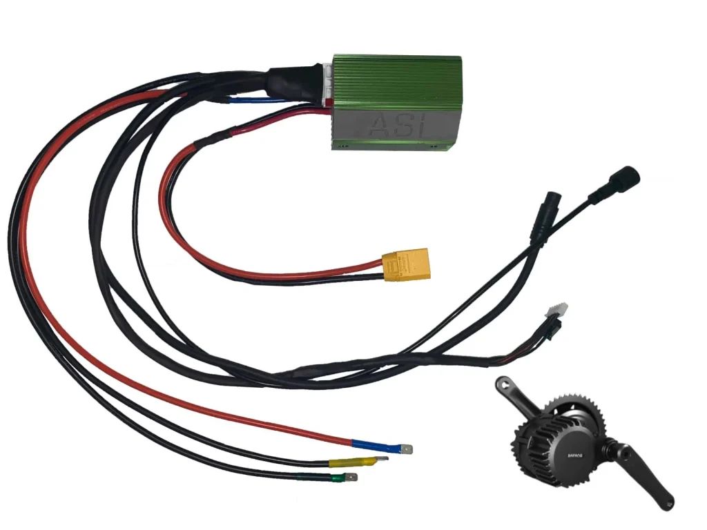 ASI BAC855 BBSHD controller upgrade kit: the controller, the harness with Bafang plugs and the XT90 battery lead, shown with a Bafang BBSHD motor
