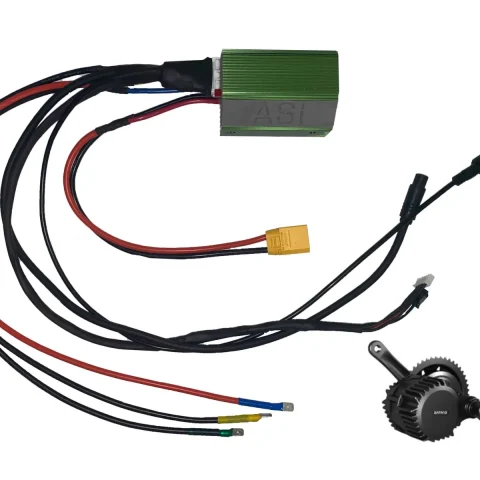 ASI BAC855 BBSHD controller upgrade kit with the harness, Bafang plugs and XT90 battery lead, shown with a Bafang BBSHD motor