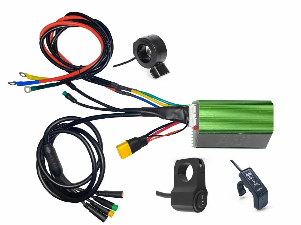 ASI BAC855 INOKIM OX kit with the Eggrider V2 display, the on and off button and the thumb throttle