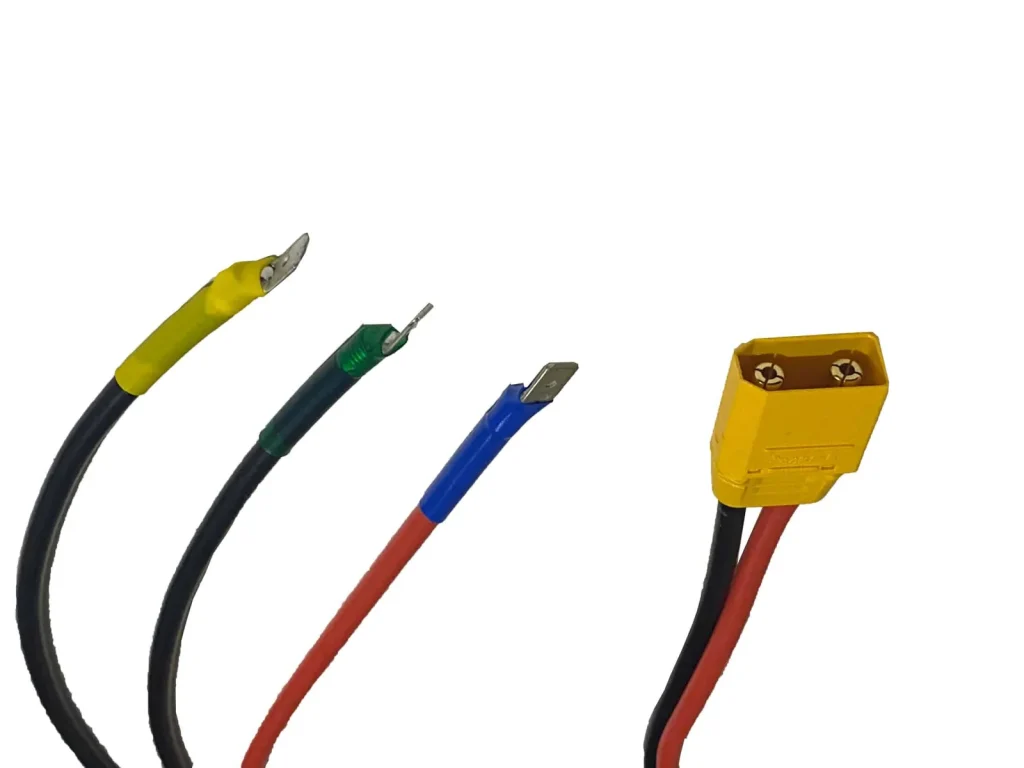 Motor phase leads and the XT90 battery plug of the ASI BAC855 BBSHD kit