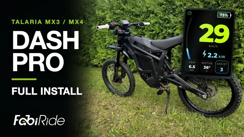 FabiRide Dash Pro on the handlebar of a Talaria Sting, title card of the MX3 and MX4 installation video.